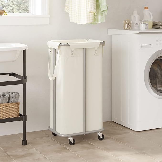 WOWLIVE 100L Rolling Laundry Hamper with Wheels Large Basket Organizer Laundry Cart with Steel Frame and Removable Bag Foldable Tall Dirty Clothes Hamper Dorm Room Storage for Bedroom (Light Beige)