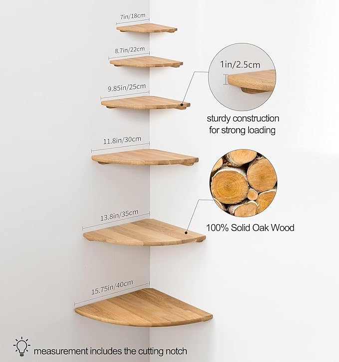 Corner Shelf,16inch Natural Oak Solid Wood Floating Corner Shelves Wall Mount Round End Floating Speaker Rack with Wire Hole for Small Plant for Bedroom Kitchen, Living Room-NeatNest