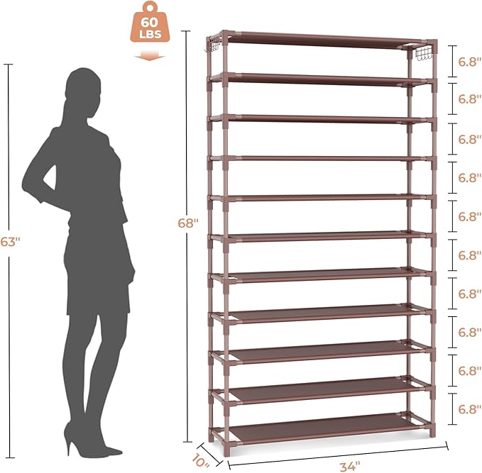 11 Tiers Tall Wide Shoe Rack 55 Pairs Large Capacity Sturdy Durable Shoe Rack for Closet Metal Shoe Organizer Shelf with Two Hooks Space Saving for Entryway Brown-NeatNest