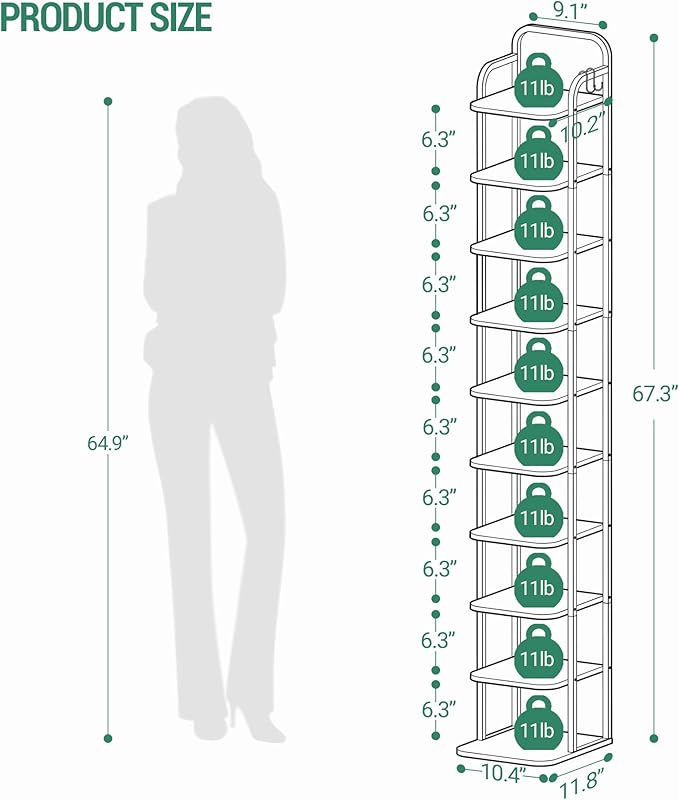 Vertical Shoe Rack, Shoe Shelves, Wood Shoe Organizer for Closet, Entryway, Shoe Tower for Small Spaces, Free Standing, Adjustable, with 2 Hooks, 10 Tier Black SR11204B-NeatNest