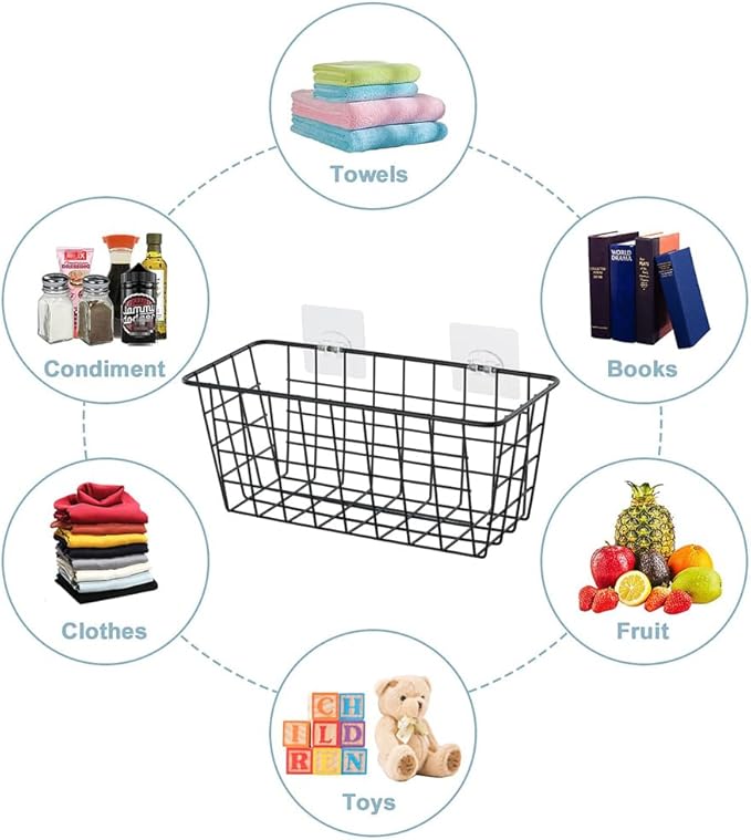 4 Pack Hanging Sorage Basket, Bathroom Basket, Household Goods, with Traceless Tape, no Drilling, for Cabinet Storage, Kitchen, Bathroom, Storage Room,Black