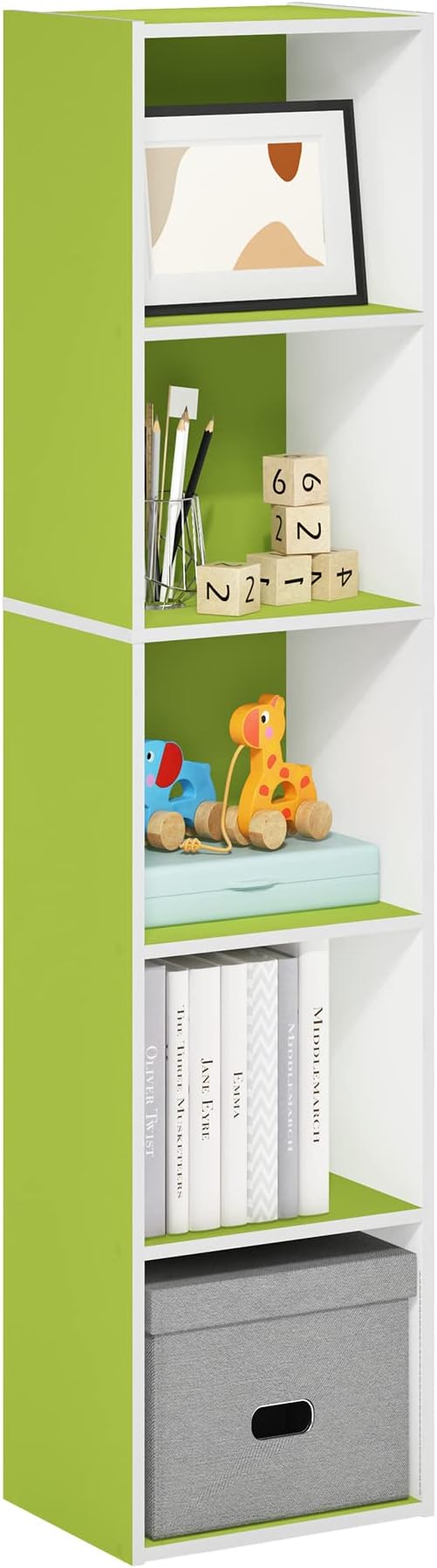 Furinno Luder Bookcase / Book / Storage, 5-Tier Cube, Green/White-NeatNest
