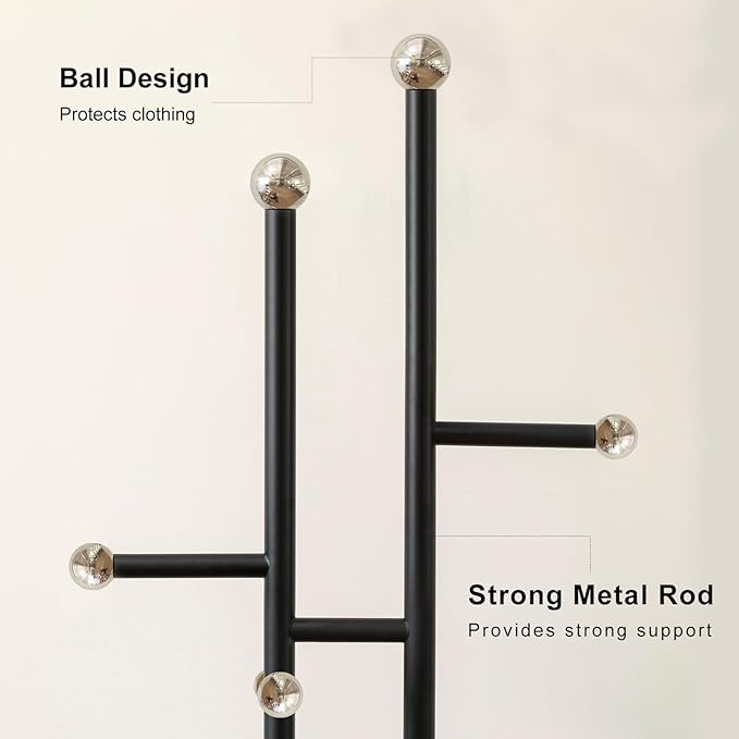 Coat Rack Freestanding with Marble Base Sturdy Coat Tree Heavy Duty Clothes Rack for Entryway Bedroom Living Room Hotel 14.96 x 10.24 x 68.9 Inches (Black)-NeatNest