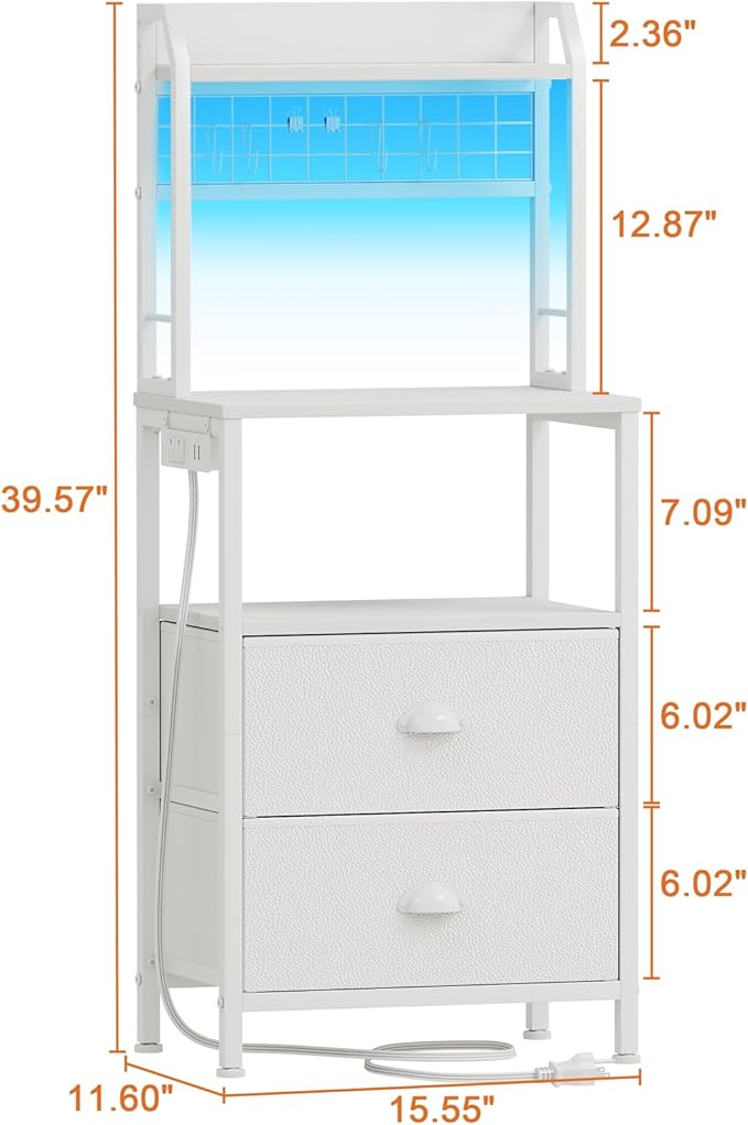 Furologee 40'' Tall Nightstand with Charging Station, Bedside Table with LED Lights, End Table with 2 Drawers and Storage Shelves, Night Stand with Pegboard for Bedroom, White