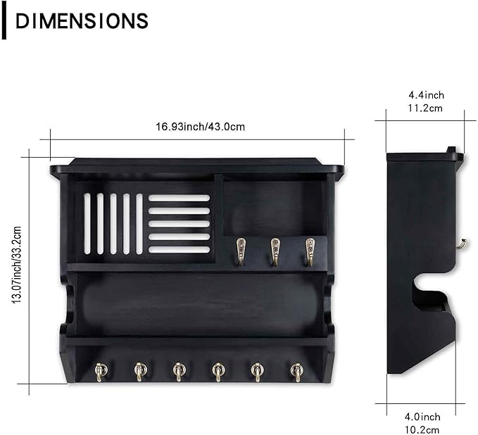 Key Holder for Wall, Mail and Key Holder for Home Decor, Key and Mail Holder for Wall with Key Hooks, Black