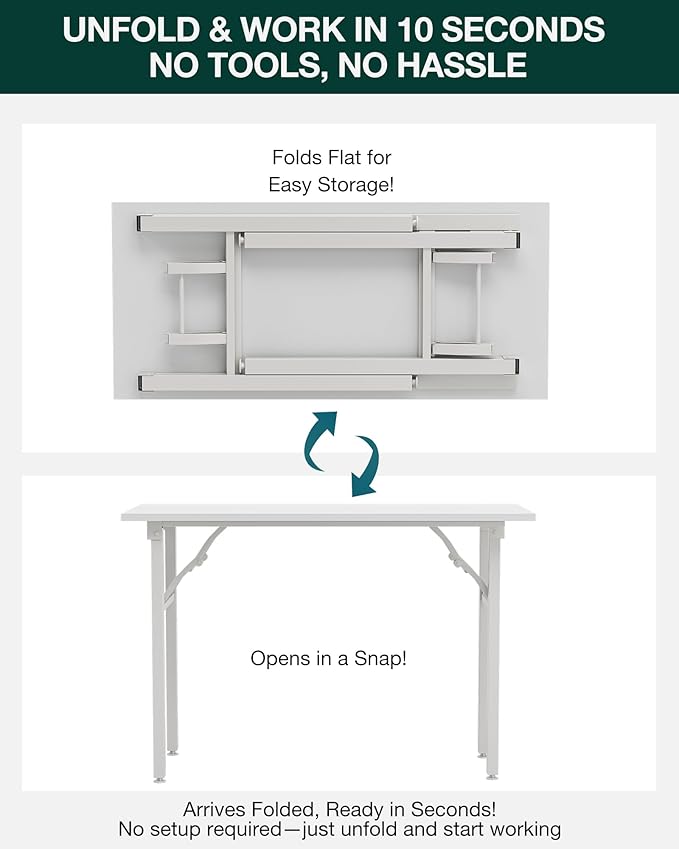 Frylr Small Folding Computer Desk – Portable 43.3 Inch Foldable Laptop Table, Collapsible and Compact for Easy Storage and Fast Setup, Lightweight for Small Spaces, Craft and Study Use, White