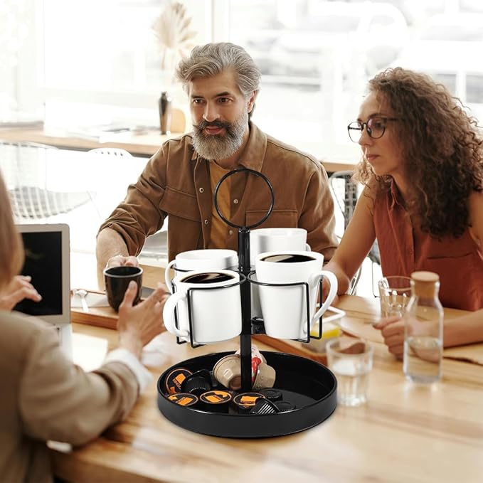 4 Mugs Stand Holder, Rotatable Metal Coffee & Beer Mug Rack with Tray Cups Drink Stand for Parties Countertop-NeatNest