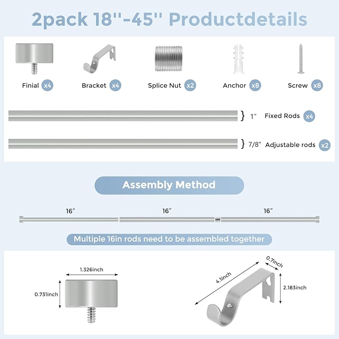 2 Pack Curtain Rods for Windows 18 to 45 Inch(1.5-3.75 Feet),Silver 1'' Diameter Drapery Rods with End Cap Style Design,Modern Adjustable Heavy Duty Curtain Rod,Size:18''-45''