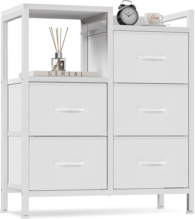 Furnulem 5 Drawer White Dressers for Bedroom 2 Tier Shelf Storage Small Fabric Dresser for Closet Sturdy Metal Frame Modern Style Storage Cabinets Organization Units for Hallway Rooms-NeatNest