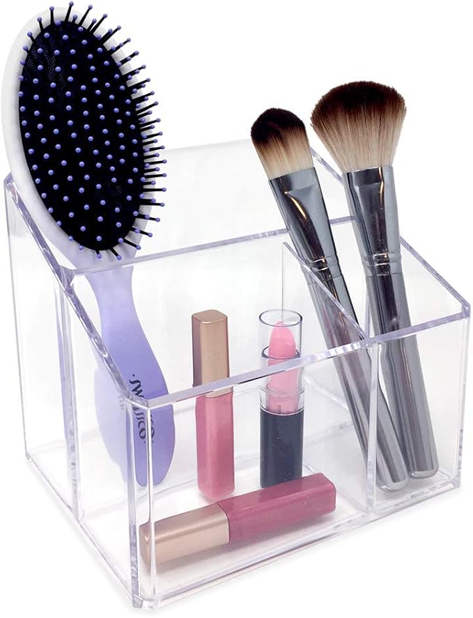 Isaac Jacobs Clear Acrylic 3-Compartment Organizer, Remote Holder & Multi-Functional Makeup, Brush, Pen & Pencil Storage Solution, for The Home, Bathroom, Office, Child’s Desk (3-Section, Clear)-NeatNest