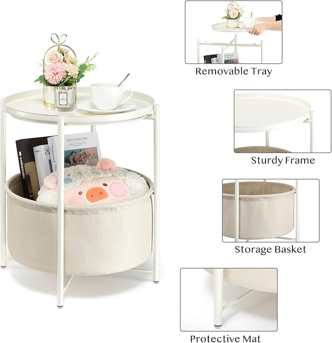 danpinera Round Side Table with Fabric Storage Basket, Metal Side Table Small Bedside Nightstand with Removable Tray Top for Living Room, Bedroom, Nursery, Laundry, White-NeatNest