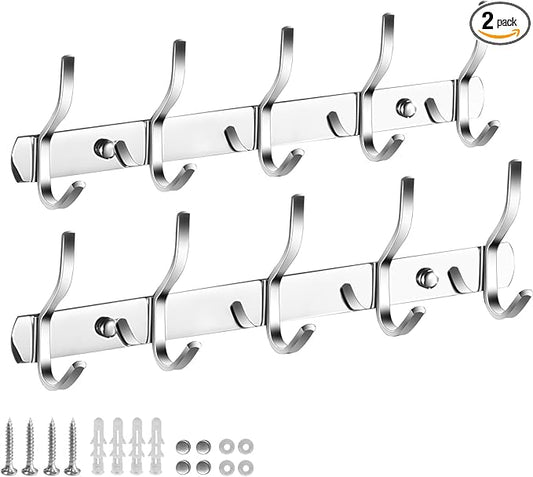 2 Pack Thickened 304 Stainless Steel Coat Hooks - 16 Inches 5 Two-Hooks Coat Rack Wall Mounted, Rustproof Heavy Duty Coat Rack Wall Mount, Brushed Nickel Coat Hooks, Holding up to 44 lbs, Silver