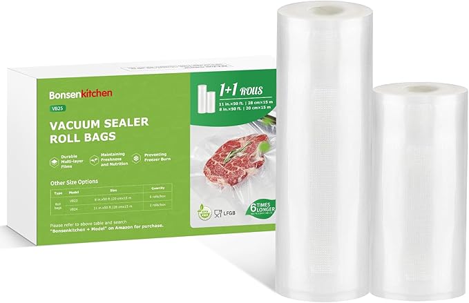 Bonsenkitchen Vacuum Sealer Bags Rolls, 11in x 50ft & 8in x 50ft Durable Food Sealer Bags, Commercial Grade, Heavy Duty, BPA Free, Seal a Meal, Great for Food Storage & Sous Vide Cooking, VB25-NeatNest