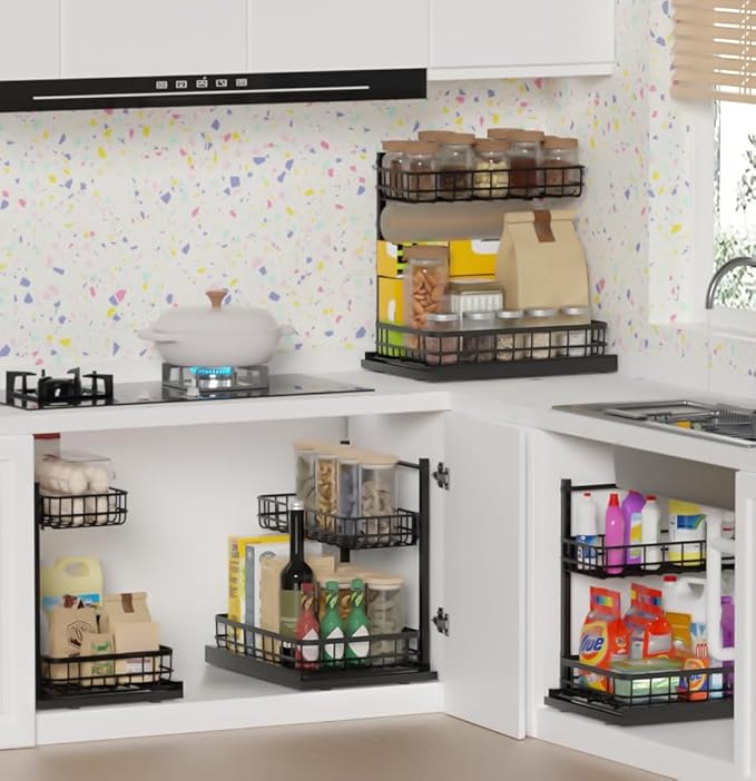 Under Sink Organizer, Adjustable Height Pull-Out Kitchen Storage Organization,15.8" x 11.8" x 16.5", 2-Tier Kitchen Shelf, Bathroom Drawer Organizer, 2 Pack|Black-NeatNest
