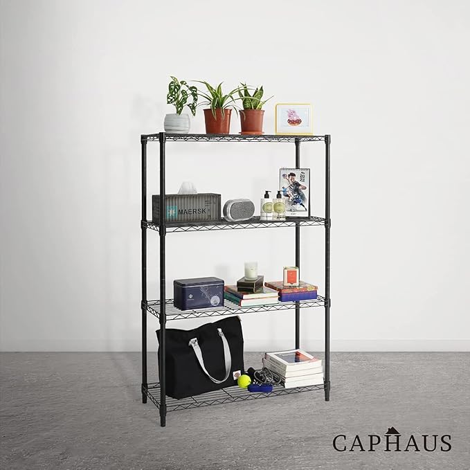 CAPHAUS 4-Tier Adjustable Height Wire Shelving Unit, Wire Rack Shelving, Metal Steel Storage Shelves, Garage Shelving Storage Organizer, Utility Storage Shelf, Without Wheels, Black-NeatNest