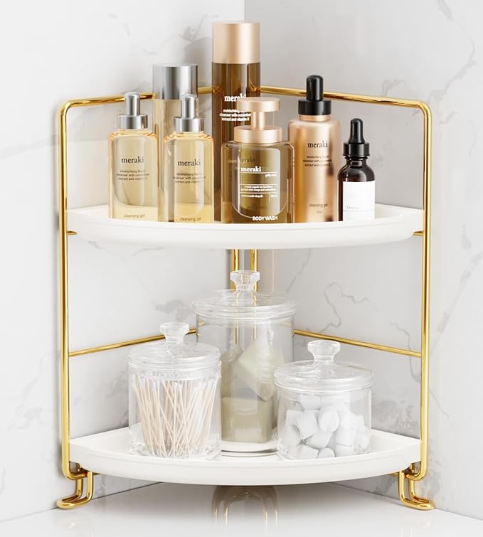 FSyueyun 2-Tier Corner Bathroom Counter Organizer, Tool-Less Installation Vanity Shelf Small Plastics Countertop Makeup Tray Skincare Perfume Organizers (Gold)-NeatNest