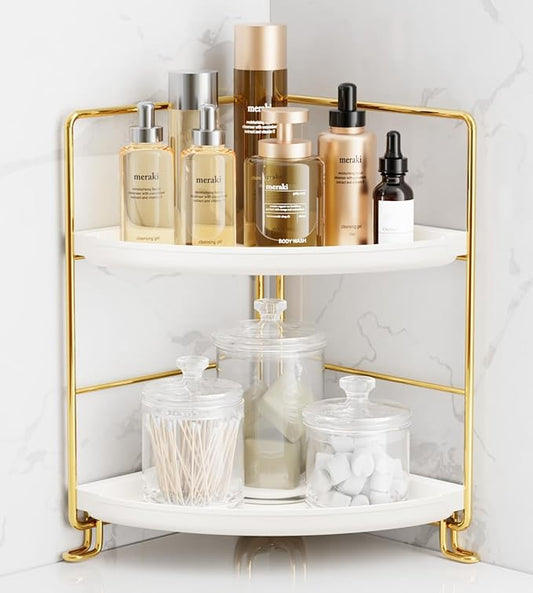 FSyueyun 2-Tier Corner Bathroom Counter Organizer, Tool-Less Installation Vanity Shelf Small Plastics Countertop Makeup Tray Skincare Perfume Organizers (Gold)-NeatNest
