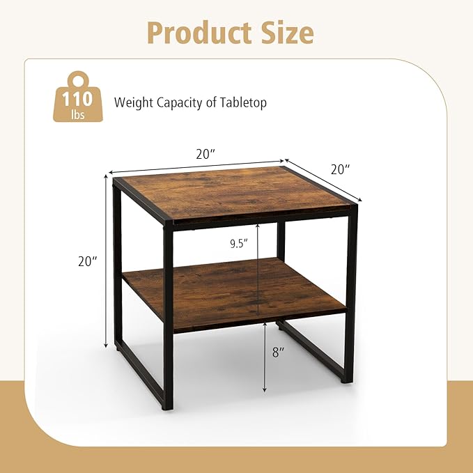 End Table Set of 2, Industrial 2-Tier Side Tables with Open Shelf, 20" Square Coffee Table with Heavy-Duty Metal Frame, Compact Tea Table Nightstand for Living Room, Bedroom, Hallway
