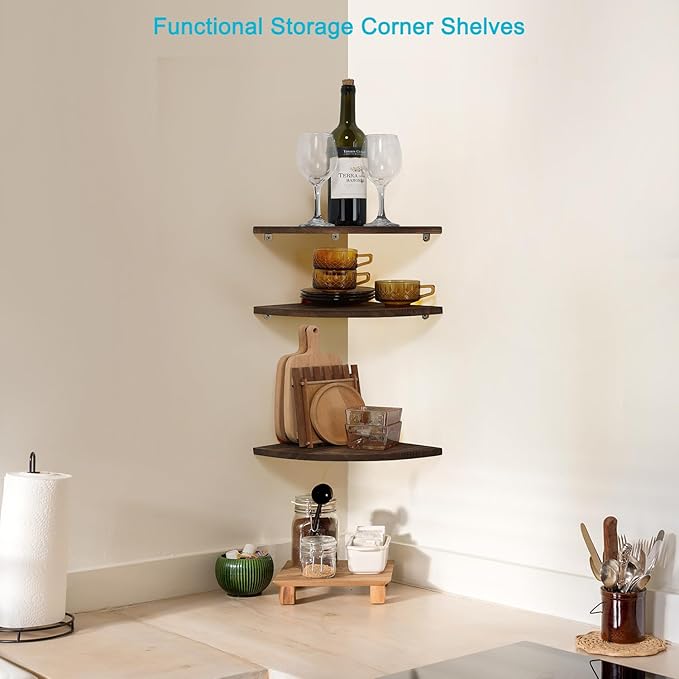 Joiishom Shelves 3, Rustic Wood Corner Wall Mount, 10x10x0.7 inches, 42 pounds Capacity-NeatNest