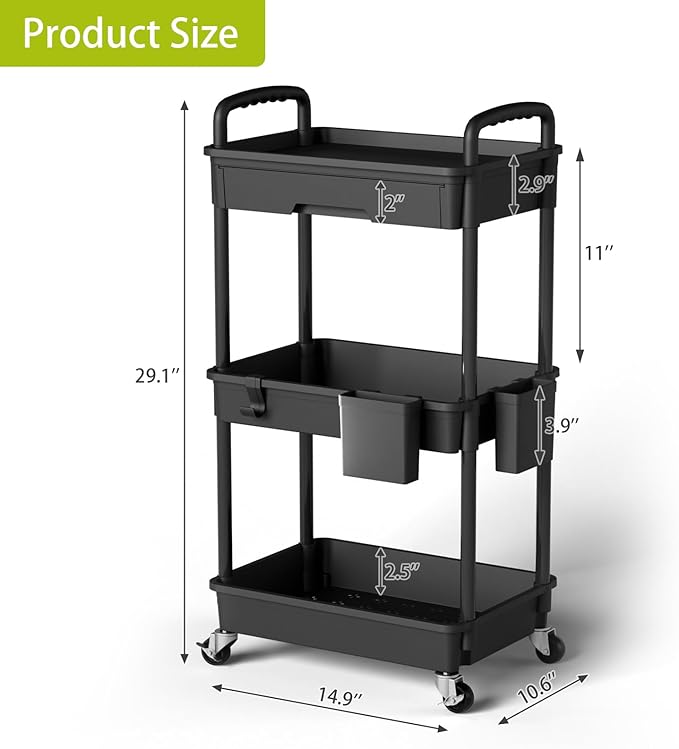 3 Tier Rolling Cart Organizer,Laundry Room Bathroom Organizers and Storage Office Shelves Mobile Shelving Unit Kitchen Trolley Cart with Wheels for Art,Craft,Diaper,Bedside,Snack(Black)-NeatNest