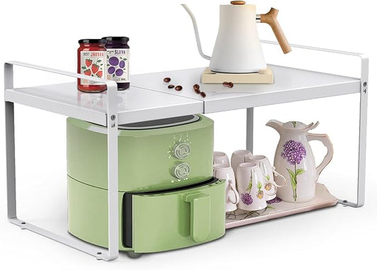 11'' Wide Expandable Cabinet Shelf Organizer Rack Adjustable Length 14''-26'' Pantry Shelf Spice Rack Heavy Duty Nonslip Kitchen Counter Storage Shelves Pantry Cupboard Under Sink Countertop, White-NeatNest
