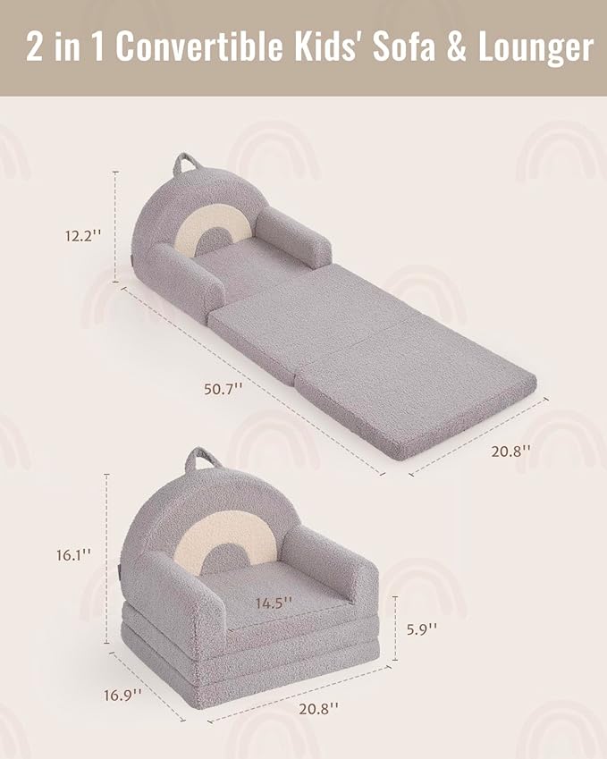 Blissful Diary Foldable Toddler Couch, 2-in-1 Comfy Toddler Chair & Lounger for Reading, Nap, Playroom, Kids Couch Sofa for 1 2 3+ Year Old Girls Boys Birthday Gift, Light Gray Arclet-NeatNest