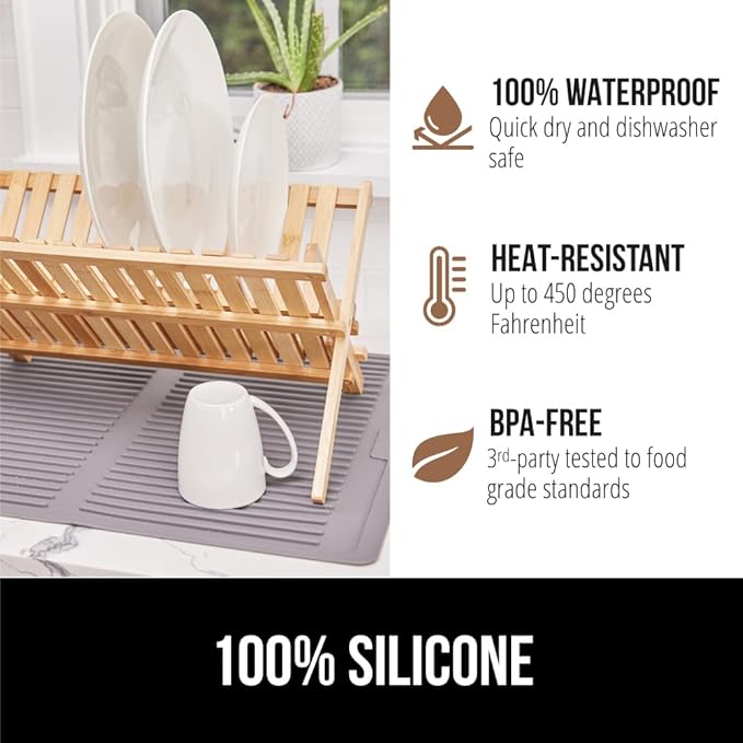 GORILLA GRIP 100% BPA-Free Patented Silicone Dish Drying Mat for Kitchen Counter, Water Catching Ribbed Design, Easy Clean Waterproof Sink Liner, Heat Resistant, Fits Under Rack, 16x12 Inch, Gray