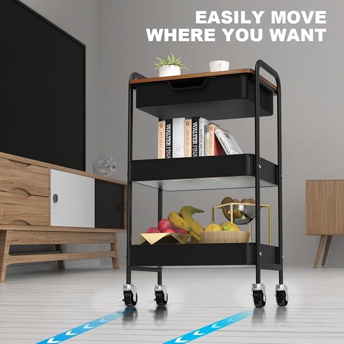 3 Tier Rolling Cart with Drawer, Metal Utility Cart on Wheels Storage Cart with Wood Top, Kitchen Cart Art Cart Organizer for Bathroom Office Balcony Living Room-NeatNest