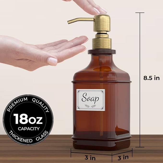 GLADPURE Soap Dispenser 2 Pack, Hand Soap Dispensers with 18 Oz Antique Design Thick Amber Glass Bottle, 316 Rust Proof Stainless Steel Pump, 6Pcs Stickers, for Lotion, Soap - Brushed Gold-NeatNest