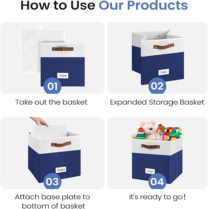 6-Pack Collapsible Fabric Storage Cubes with Handles & Label Holders, Closet Cube Home Organizer Bins (White/Navy Blue, 13 x 13 x 13 inch)