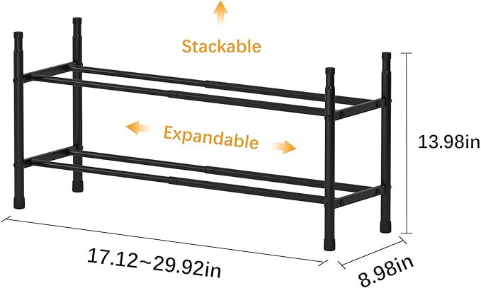 TZAMLI 2-Tier Shoe Rack for Closet, Expandable and Stackable Shoe Organizer Adjustable Metal Shoe Storage Small Shoe Shelf for Entryway Entrance, Black-NeatNest