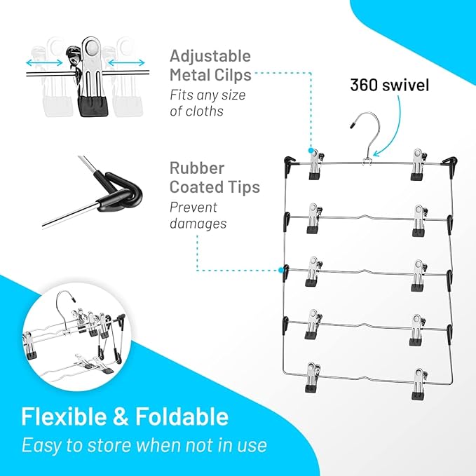 DEILSY™ 5-Tier Skirt Hangers with Clips (3 PK) Pant Space Saving Multiple in one Clothes with Clip Multiple Pants Hanger for Closet Bottom Hangers Metal Hanger with Clips-NeatNest