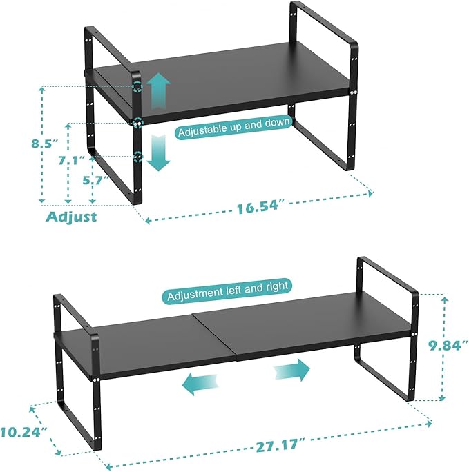 Cabinet Organizer Shelf Expandable,Pantry Organizer Stackable Shelves,Kitchen Counter Under Sink Storage Shelf for Kitchen,Countertop,Cupboard,Inside Cabinet,10.24" D,Black,2 Packs