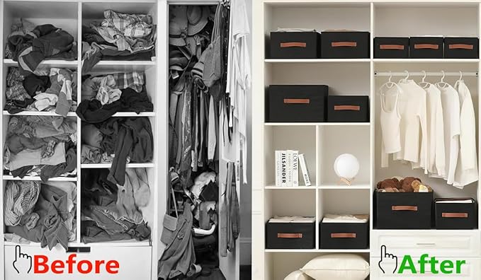 ALYER Collapsible Fabric Storage Organizer with Handles,Shelf Bins Box Container for Bedroom Office Closet Babies Nursery Toys Books Clothes (Black, 16.2" x 9.5" x 6.7")