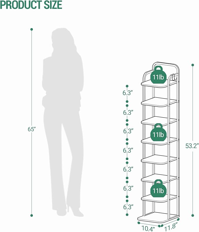 8 Tiers Vertical Shoe Rack, Narrow Shoe Tower, Tall Shoes Shelf with 2 Hooks, Adjustable Shelves, Corner Shoes Shelves for Small Spaces, Entryway, Living Room, Rustic Brown SR04301B-NeatNest