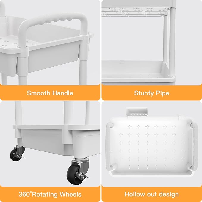 3 Tier Rolling Utility Cart with Handle,REBECAT Utility Cart Made of Multifunctional Storage Organizer Tool for Kitchen,Bathroom,Living Room,Office(White)-NeatNest