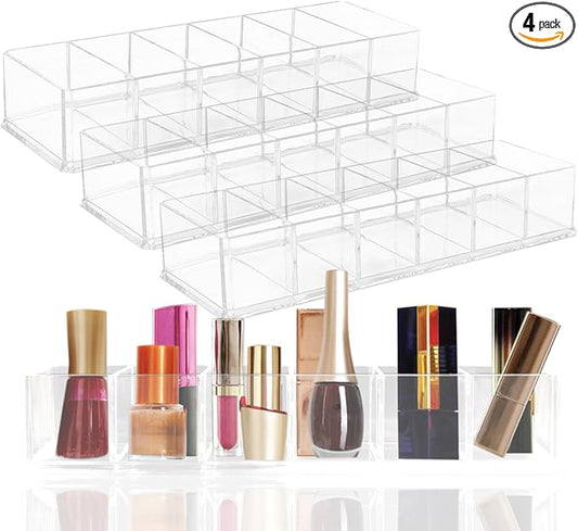 Nsmykhg Makeup Organizer Acrylic Cosmetic Storage Organizer,6 Compartments Acrylic Cosmetic Storage Jewelry Display Boxes, Clear Drawer Organizers Case,4 Pack (10 x 3.5 x 1.9 inches)