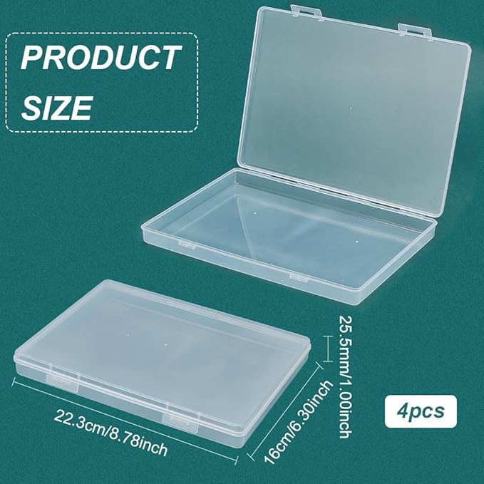 BENECREAT 4 Packs 6.3x8.8x1inch Bead Storage Organizer Box, Rectangle Clear PP Plastic Box Containers, Dustproof Case with Hinged Lid for Cards, Beads and Craft Supplies-NeatNest