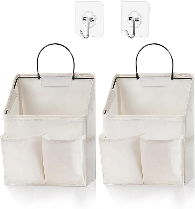 2 Pack Wall Hanging Storage Basket,Wall Hanging Organizer Bags with Pockets, Wall organizer Storage for Dormitory Bathroom Bedroom Kitchen(White-upgraded)-NeatNest