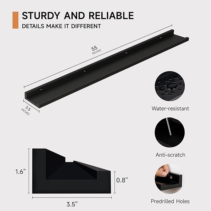 Floating Picture Ledge Shelves for Wall Set of 2, 55 Inches Picture Shelf with Ledge, Nursery Book Shelf for Toys Storage Kids Bookshelf Wall Mounted Living Room Bedroom Decor Frames, Black-NeatNest