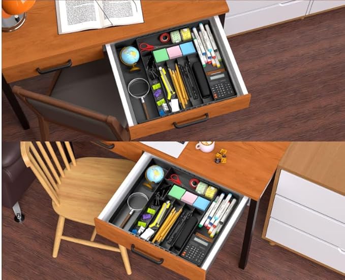 IEEK Kitchen Drawer Organizer for Cutlery and Utensils,Adjustable Silverware Drawer Organizer Tray,Kitchen Storage Divider for Spatula Tools,Gadgets,Forks,Knives,Spoons and Chopsticks,Black-L-NeatNest