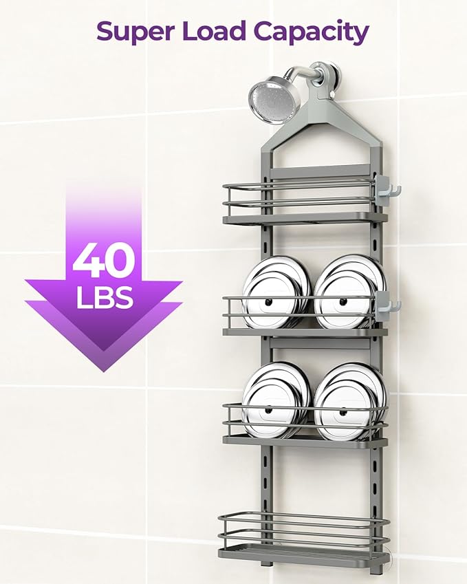 ODesign 4 Tier Height-Adjustable Shower Caddy Hanging Anti-Swing-Over The Shower Head Caddy-Showers Storage Organizer Bathroom Shelves Basket Showers Caddies-Grey