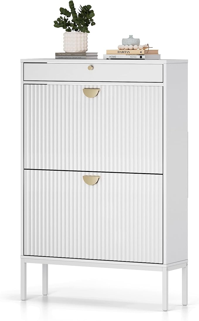 XIAO WEI Shoe Cabinet, Shoe Storage Organizer Cabinet with 2 Flip Wavy Line Drawers, Freestanding Shoe Rack with Adjustable Shelf for Entryway, Hallway(White)-NeatNest