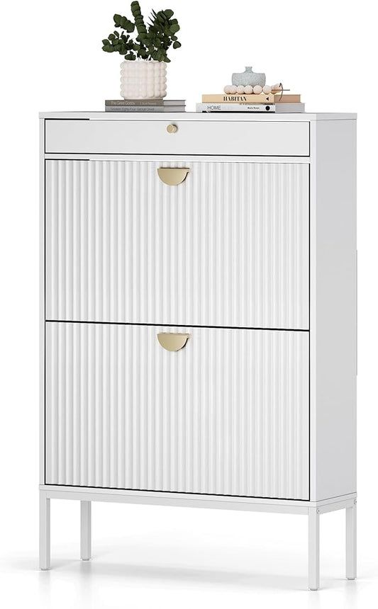 XIAO WEI Shoe Cabinet, Shoe Storage Organizer Cabinet with 2 Flip Wavy Line Drawers, Freestanding Shoe Rack with Adjustable Shelf for Entryway, Hallway(White)-NeatNest