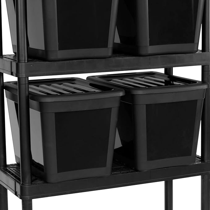 Gracious Living 4 Shelf Fixed Height Ventilated Medium Duty Shelving Unit, Organizer System with 10-Gallon Storage Bins & Lids, Black