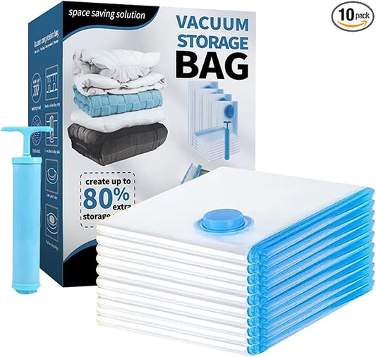10 Pack 80% Space Saver Vacuum Storage Bags with Hand Pump, Sealer Clothes Storage for Travel, Clothing, Luggage, Blankets, Comforters, Saving More Closet Space (10-Jumbo)-NeatNest