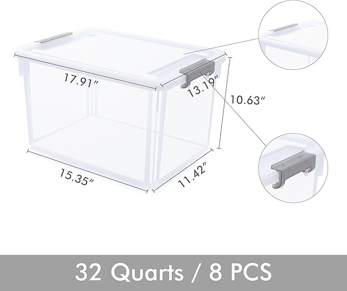 Citylife 32 QT Plastic Storage Bins with Latching Lids Stackable Storage Containers for Organizing Large Clear Storage Box for Garage, Closet, Kitchen, 8 Packs-NeatNest
