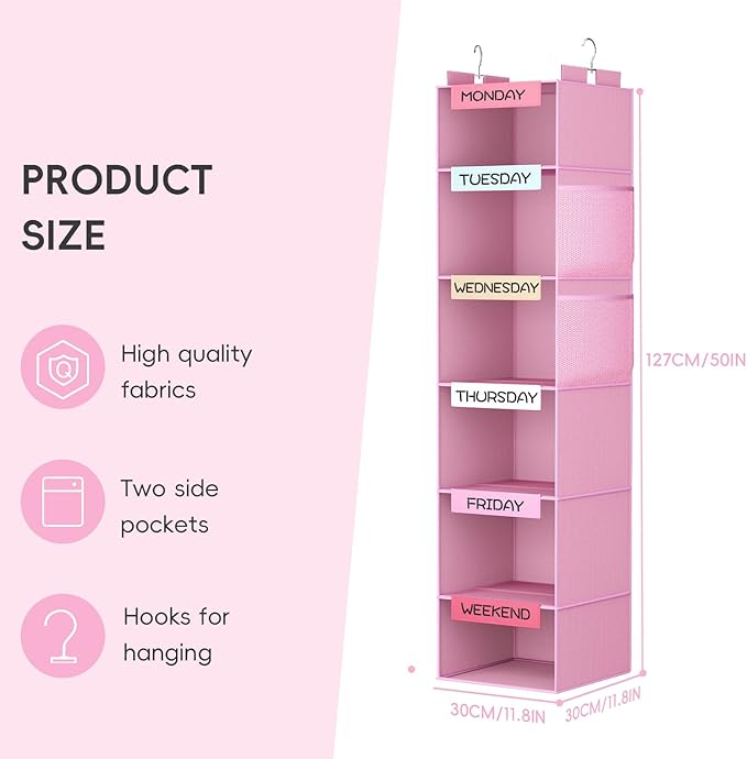 VERONLY Weekly Hanging Closet Organizer for Kids, 6-Shelf Clothes Storage with Labeled Days of The Week Monday Through Friday, Weekday and Weekend, Days of The Week Clothes Organizer-NeatNest