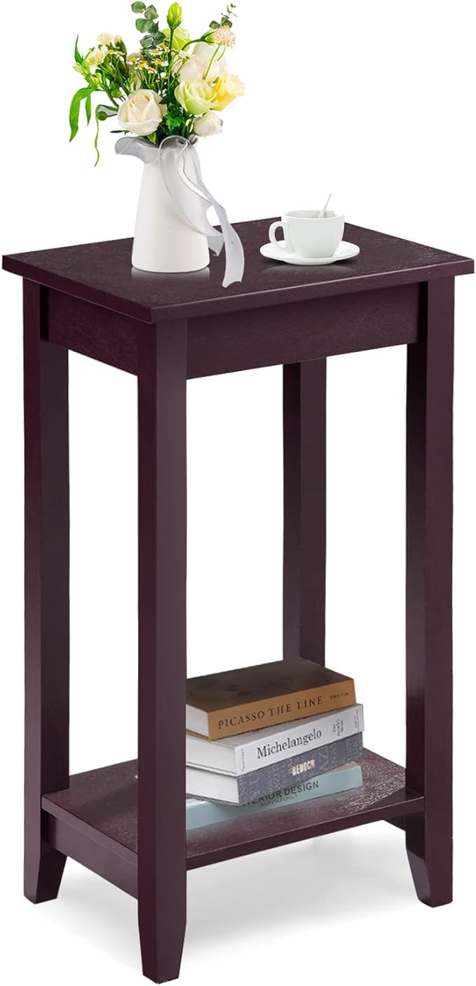 Giantex 2-Tier End Table Nightstand, Bedside Sofa Table for Living Room Bedroom, Narrow Telephone Table with Shelf and Legs for Small Spaces, Espresso