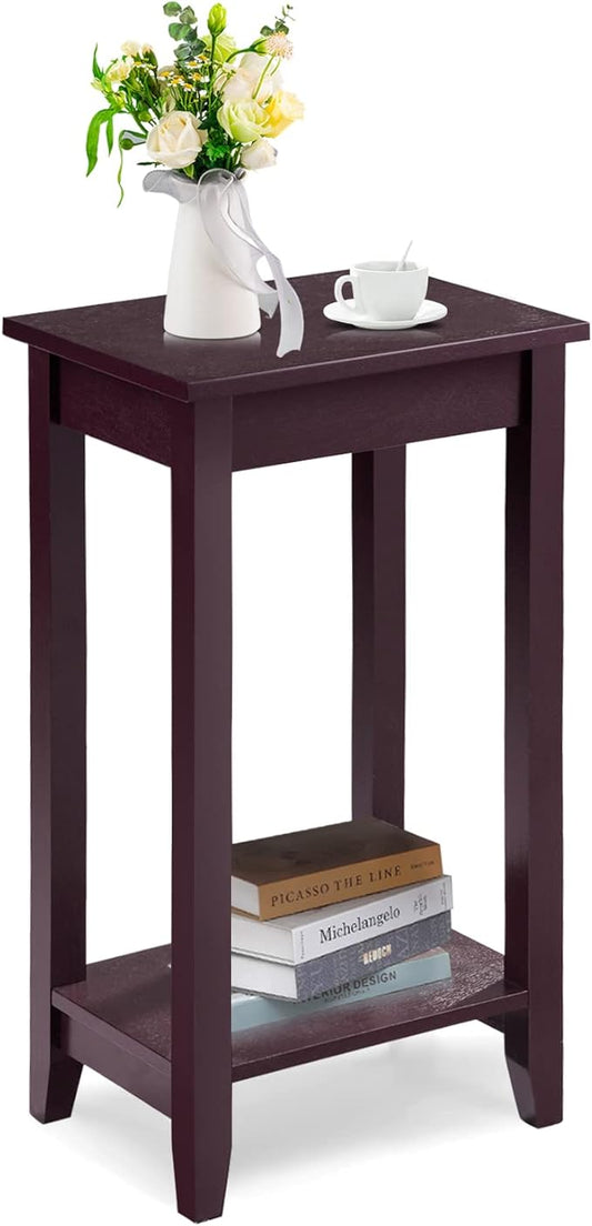 Giantex 2-Tier End Table Nightstand, Bedside Sofa Table for Living Room Bedroom, Narrow Telephone Table with Shelf and Legs for Small Spaces, Espresso
